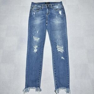 Judy‎ Blue Straight Fit Jeans Womens 3/26 Distressed Raw Hem Slim Stretch Denim